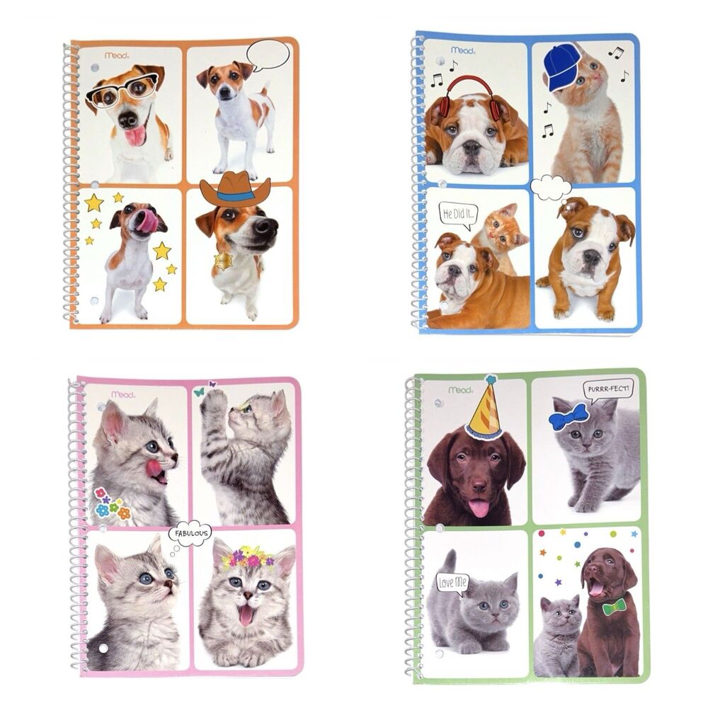 4x Mead Purrs and Grrrs Decorative Spiral Wide Ruled Notebooks 70 Sheets Each